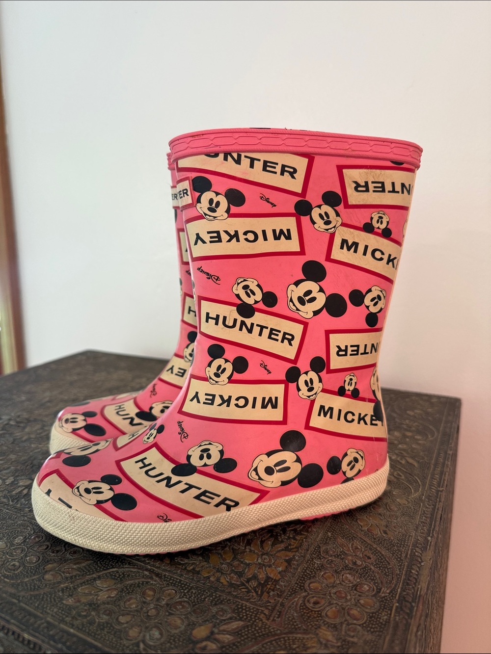 Hunter Pink Mickey Mouse Kids Waterproof Rain Boots